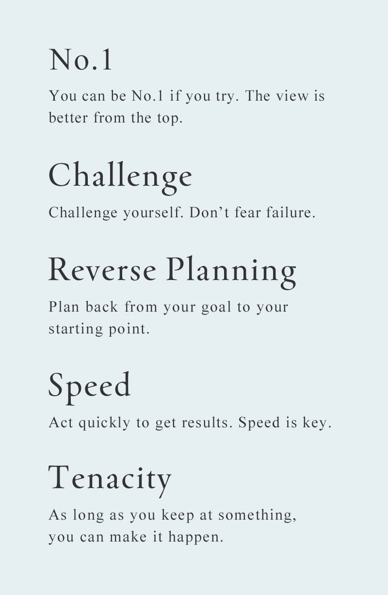 No.1 You can be No.1 if you try. The view is better from the top. Challenge Challenge yourself. Don’t fear failure. Reverse Planning Plan back from your goal to your starting point. Speed Act quickly to get results. Speed is key. Tenacity As long as you keep at something, you can make it happen.